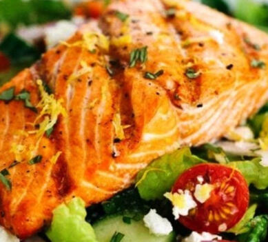 (Tues thru Friday) BIG SALAD OF THE WEEK: Grilled Salmon Salad w Lemon Basil Dressing ($14.95) Generous salmon filet atop a bed of salad greens, feta, red onion, red pepper, cucumber with a scratch-made dressing you’ll love!